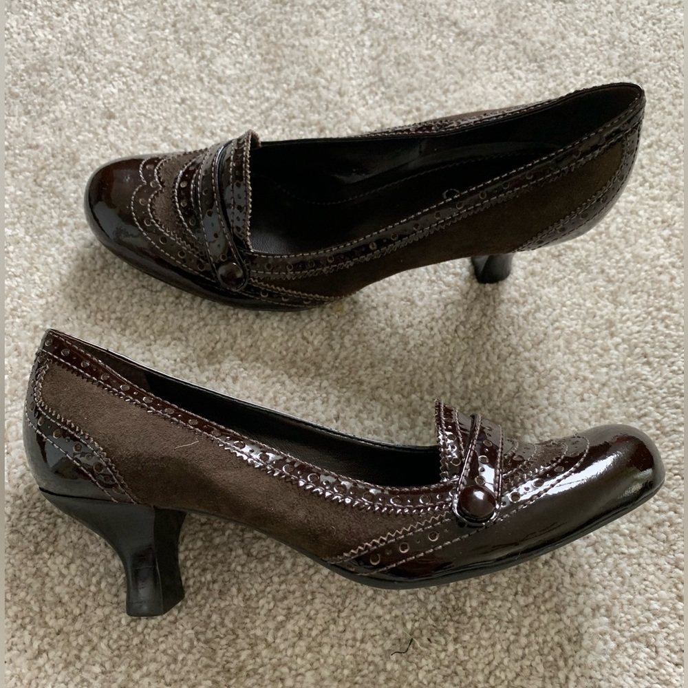 Franco Sarto Patent and Suede Brown Kitten Heel 7